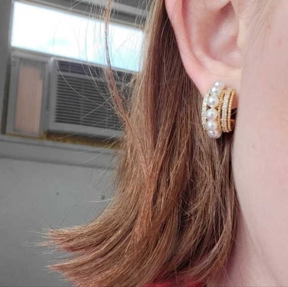 Gold Half Hoop Earrings Pearl Rhinestone Coquette Bridal Wedding Cocktail 💖 - Picture 7 of 16